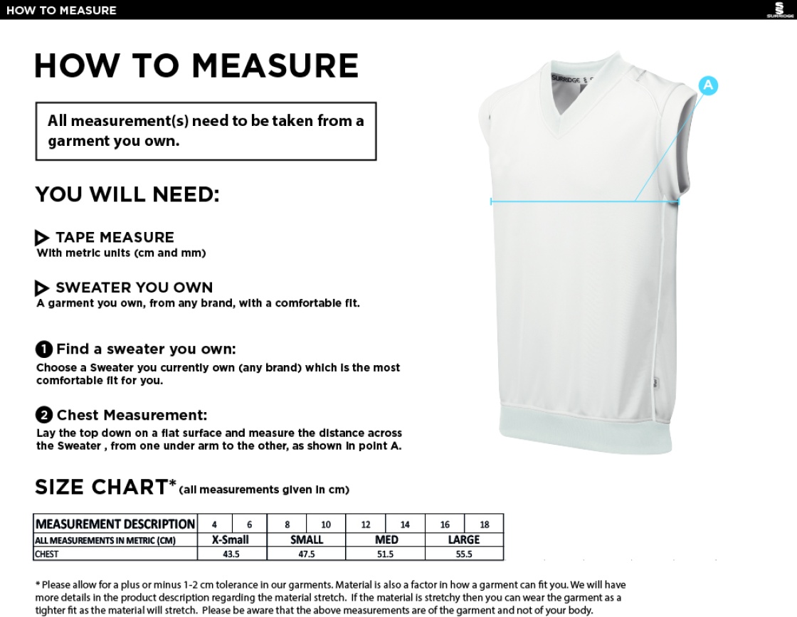Wirksworth and Middleton CC - Blast Sleeveless Sweater - Women's Fit - Size Guide