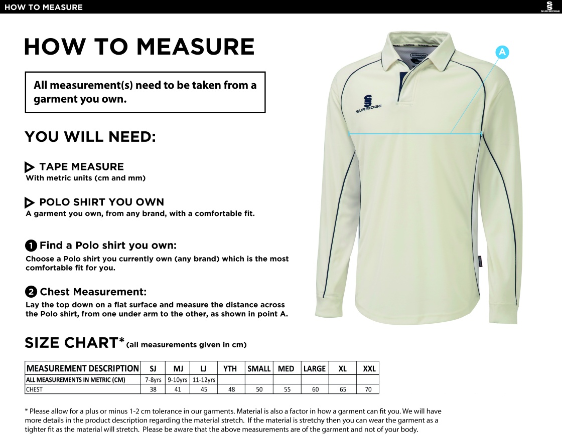 Wirksworth and Middleton CC - Long Sleeve Shirt White Trim - Size Guide