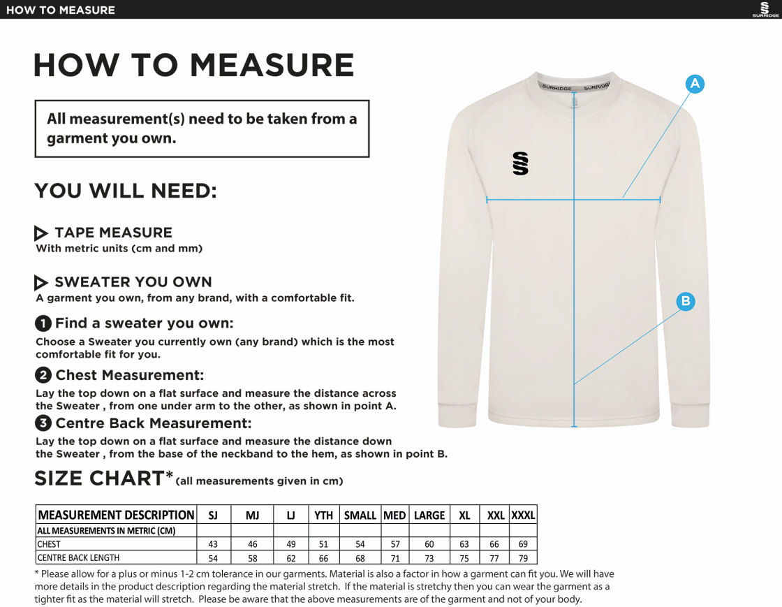 Wirksworth and Middleton CC - Blast Long Sleeve Cricket Sweater - Size Guide