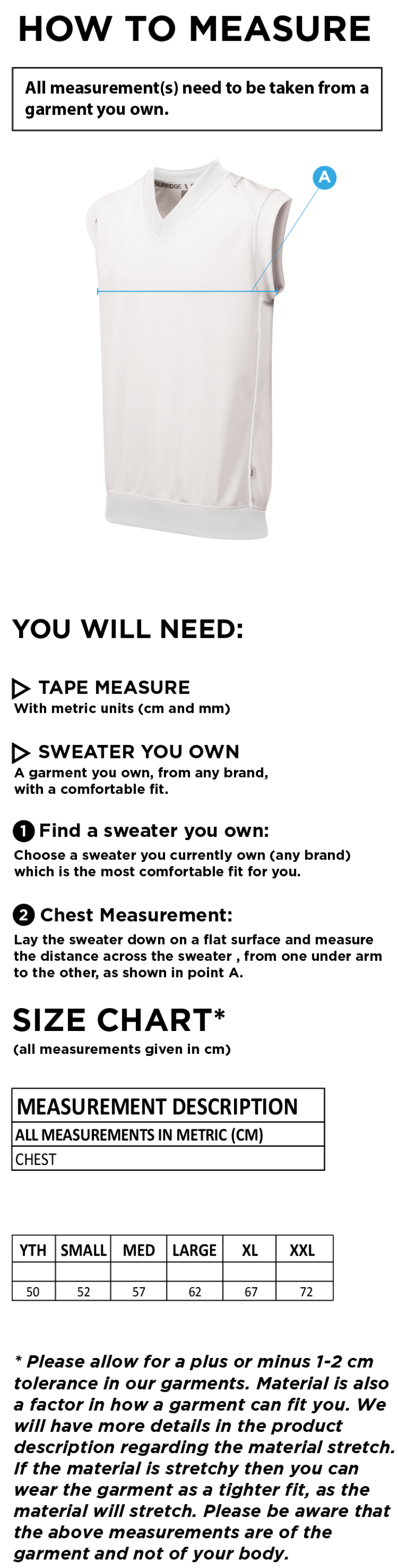 Wirksworth and Middleton CC - Sleeveless Sweater - Size Guide