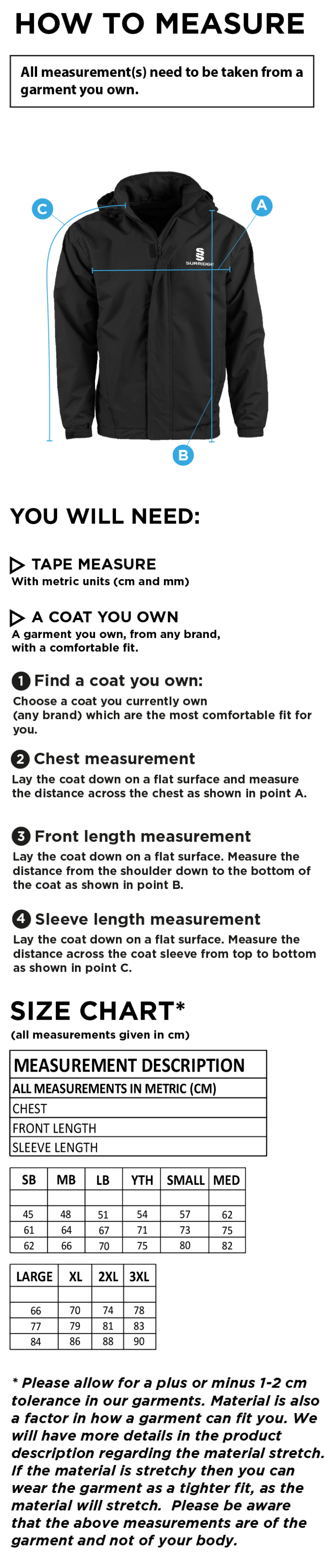 Wirksworth and Middleton CC - Dual Fleece Lined Jacket - Size Guide