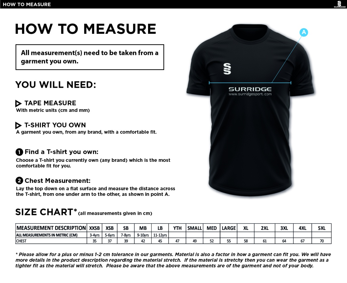 Wirksworth and Middleton CC - Blade T-shirt - Size Guide