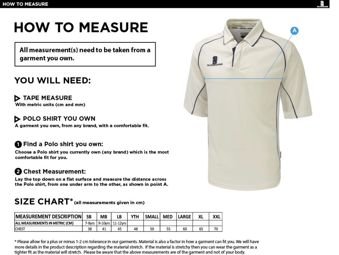 Wirksworth and Middleton CC - Dual Premier Short Sleeve Shirt - Size Guide