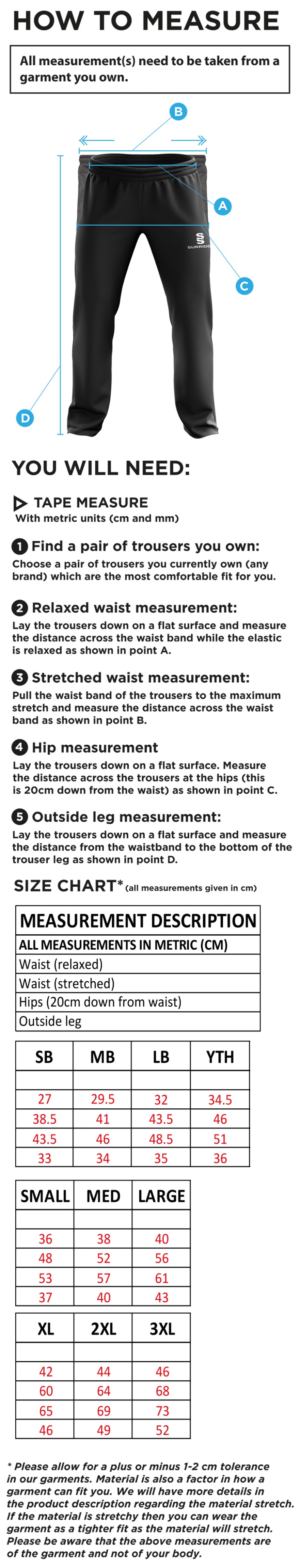 Wirksworth and Middleton CC - Ripstop Track Pant - Size Guide
