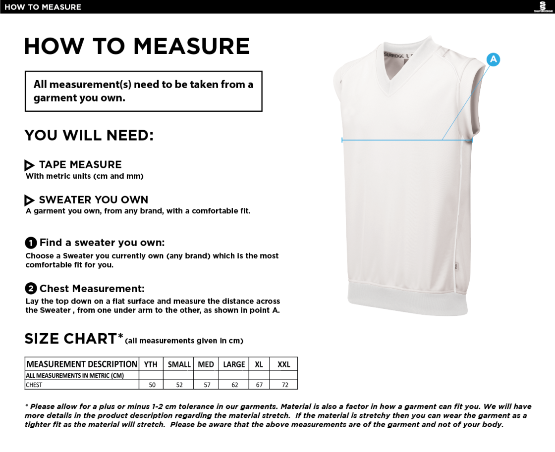 Wirksworth and Middleton CC - Sleeveless Sweater - Size Guide