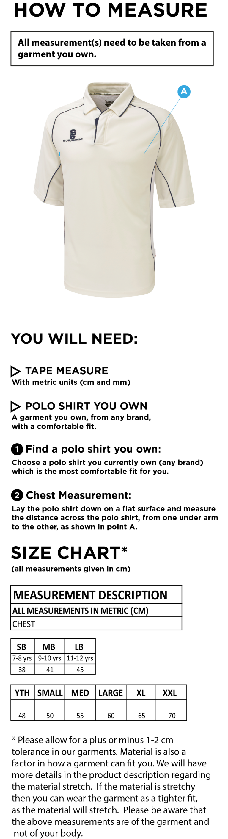 Wirksworth and Middleton CC - Premier 3/4 sleeved playing shirt - Size Guide