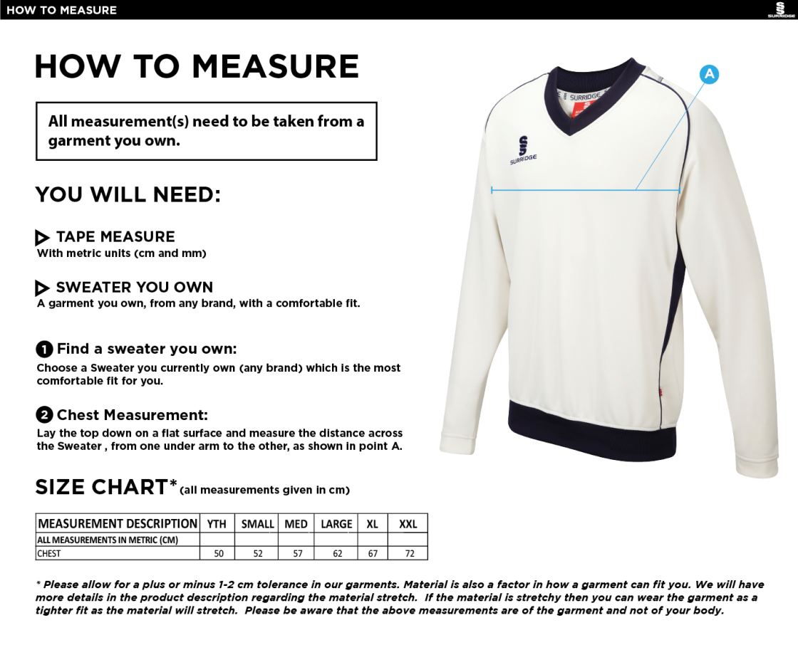 Wirksworth and Middleton CC - Long Sleeved Sweater - Size Guide