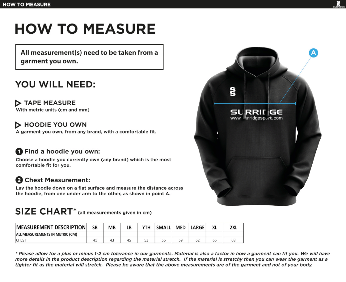 Wirksworth and Middleton CC - Blade Hoody - Size Guide