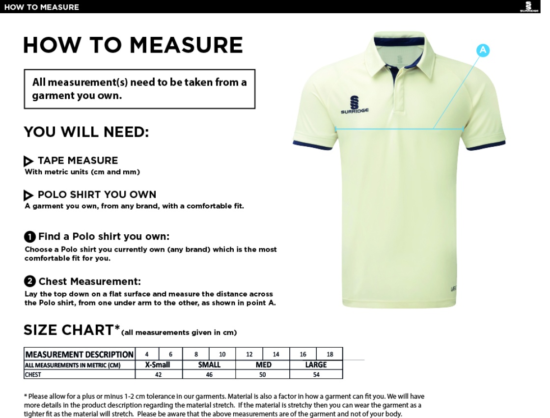 Wirksworth and Middleton CC - Dual Short Sleeve Cricket Shirt - Women's Fit - Size Guide