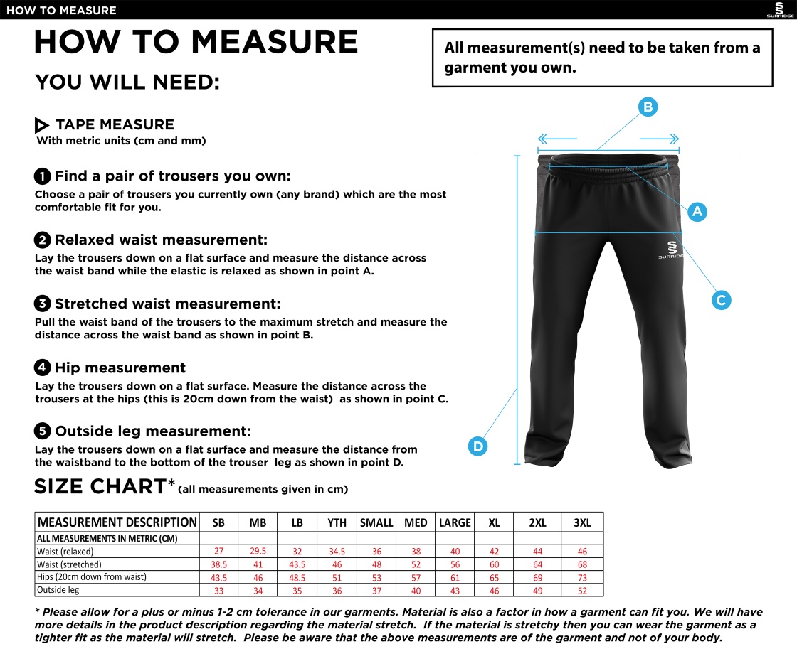Wirksworth and Middleton CC - Ripstop Track Pant - Size Guide
