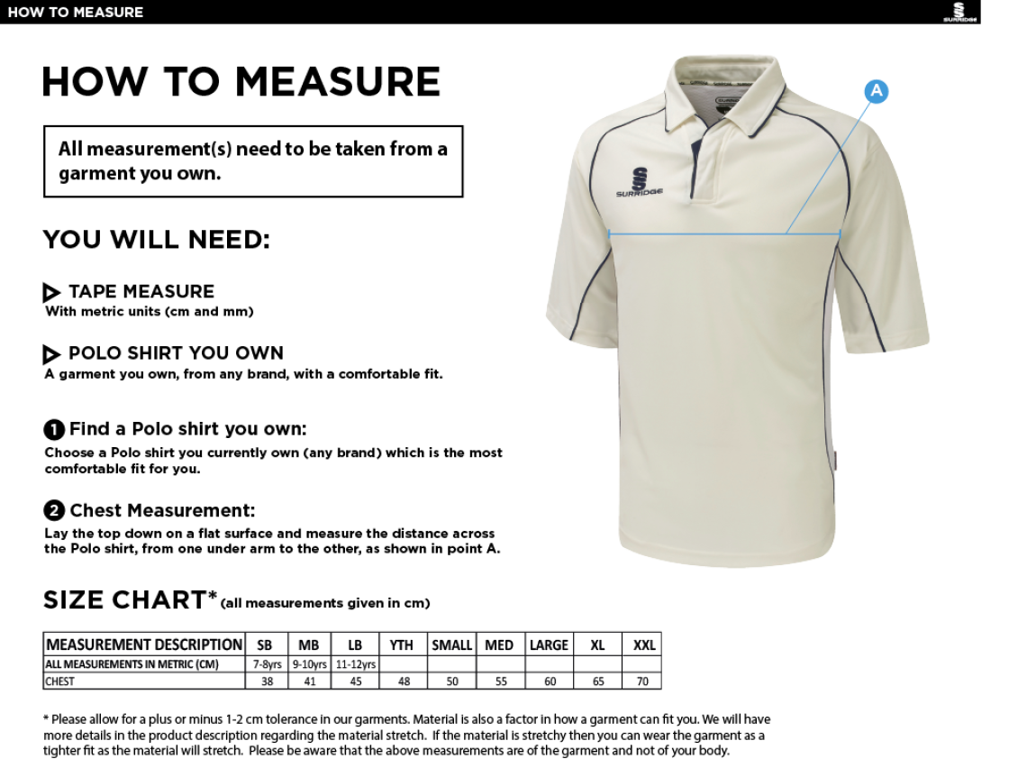Wirksworth and Middleton CC - Dual Premier Short Sleeve Shirt - Size Guide