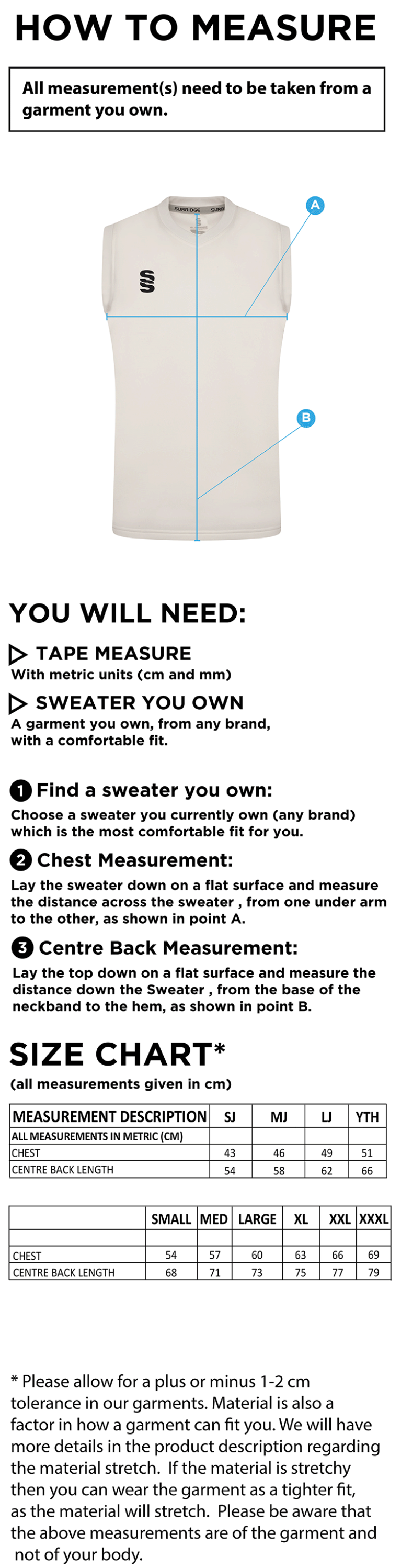 Wirksworth and Middleton CC - Blast Sleeveless Cricket Sweater - Size Guide