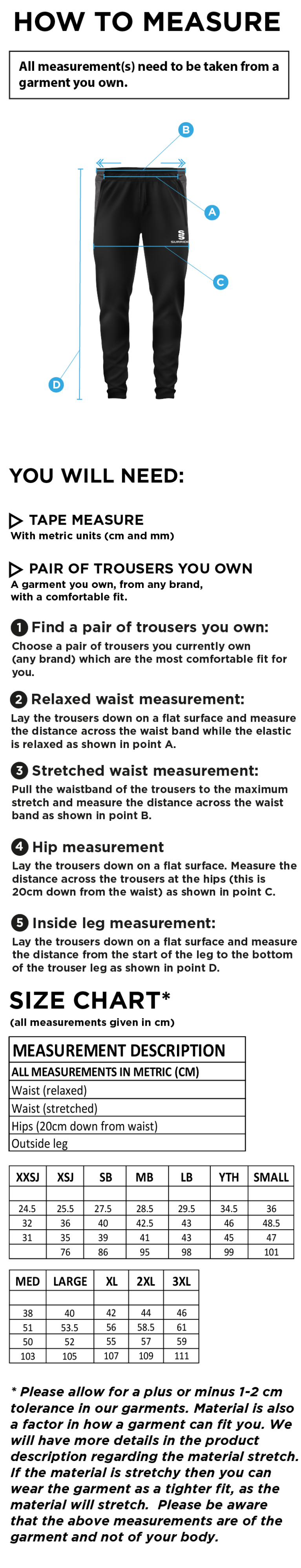 Wirksworth and Middleton CC - Tek Slim Pant - Size Guide