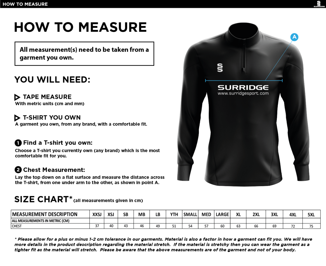 Wirksworth and Middleton CC - Blade Performance Top - Size Guide