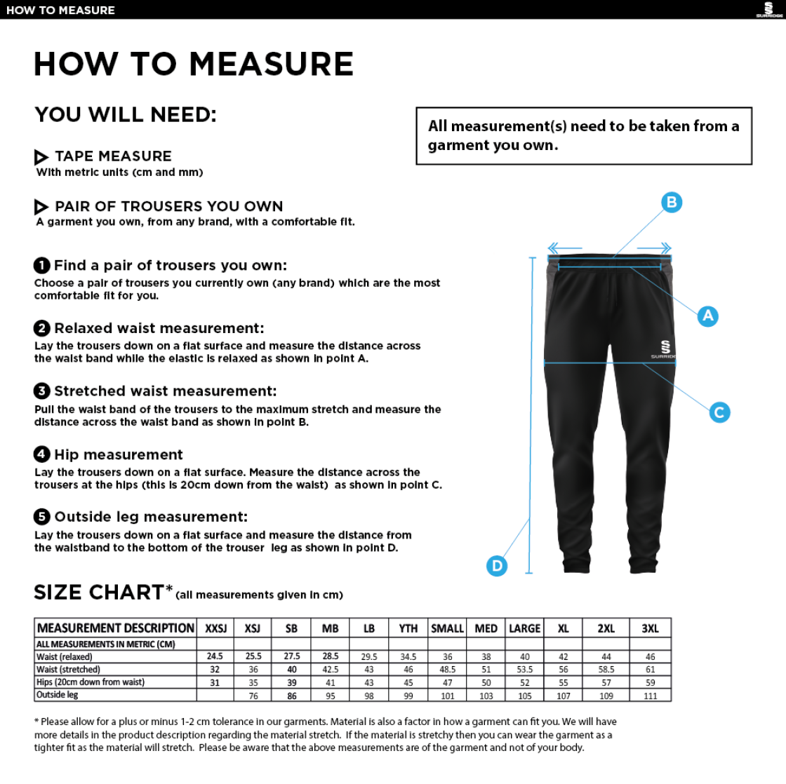 Wirksworth and Middleton CC - Tek Slim Pant - Size Guide