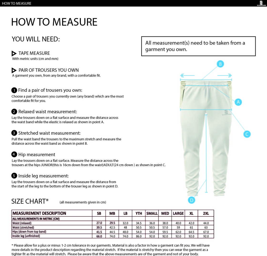 Wirksworth and Middleton CC - Playing Cricket Trousers - Size Guide