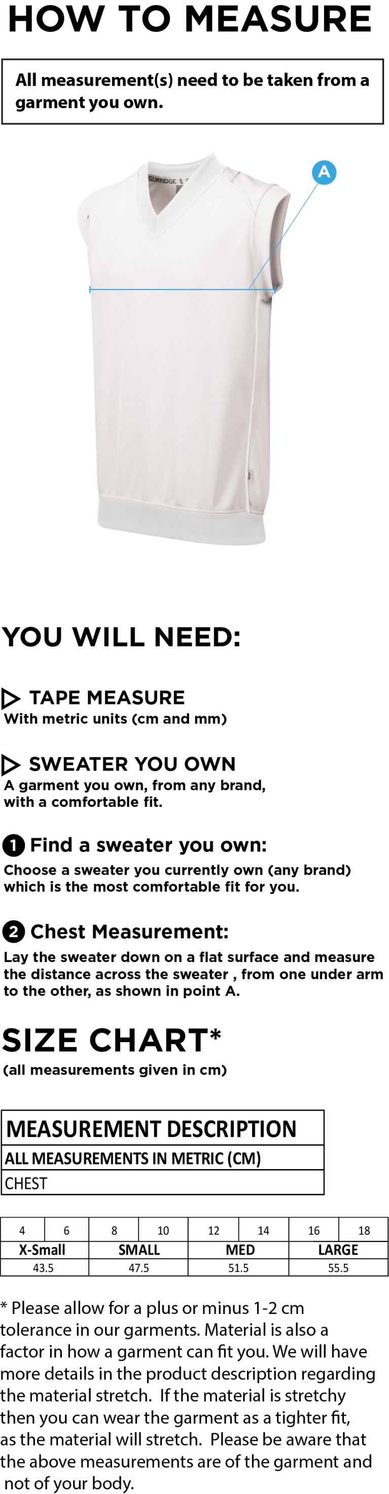 Wirksworth and Middleton CC - Blast Sleeveless Sweater - Women's Fit - Size Guide