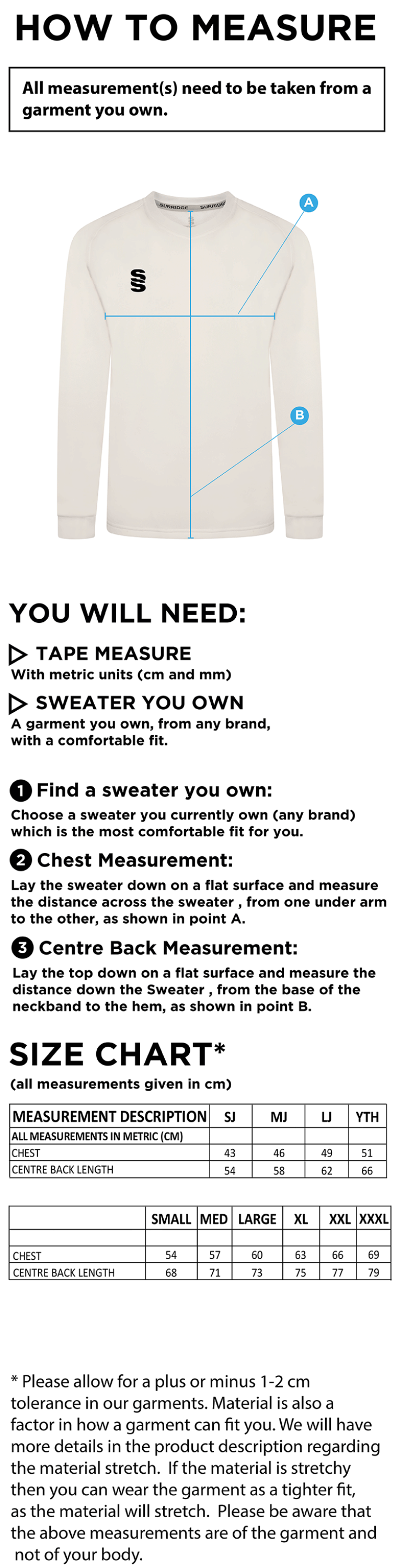 Wirksworth and Middleton CC - Blast Long Sleeve Cricket Sweater - Size Guide