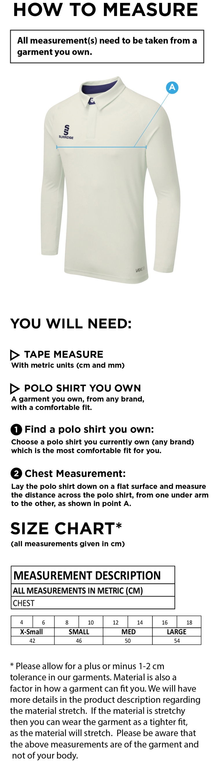 Wirksworth and Middleton CC - Dual Long Sleeve Cricket Shirt - Women's Fit - Size Guide