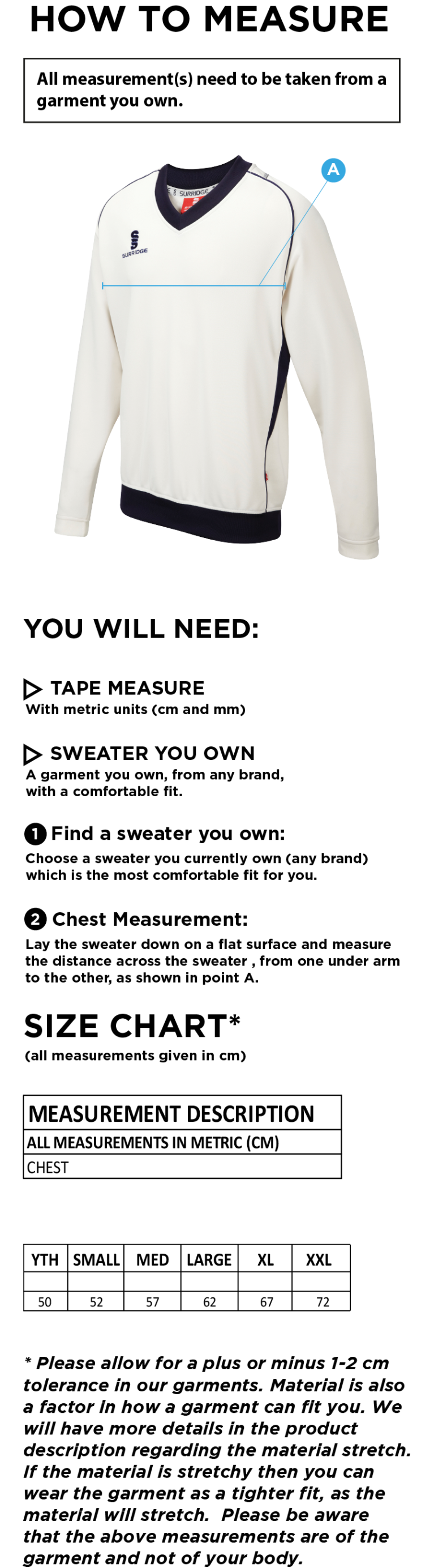 Wirksworth and Middleton CC - Long Sleeved Sweater - Size Guide