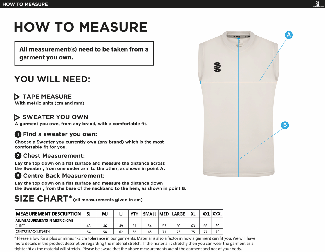 Wirksworth and Middleton CC - Blast Sleeveless Cricket Sweater - Size Guide