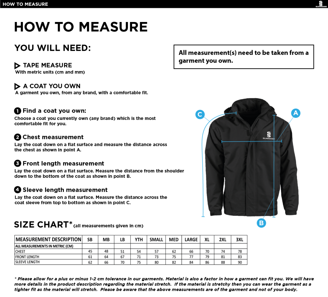 Wirksworth and Middleton CC - Dual Fleece Lined Jacket - Size Guide