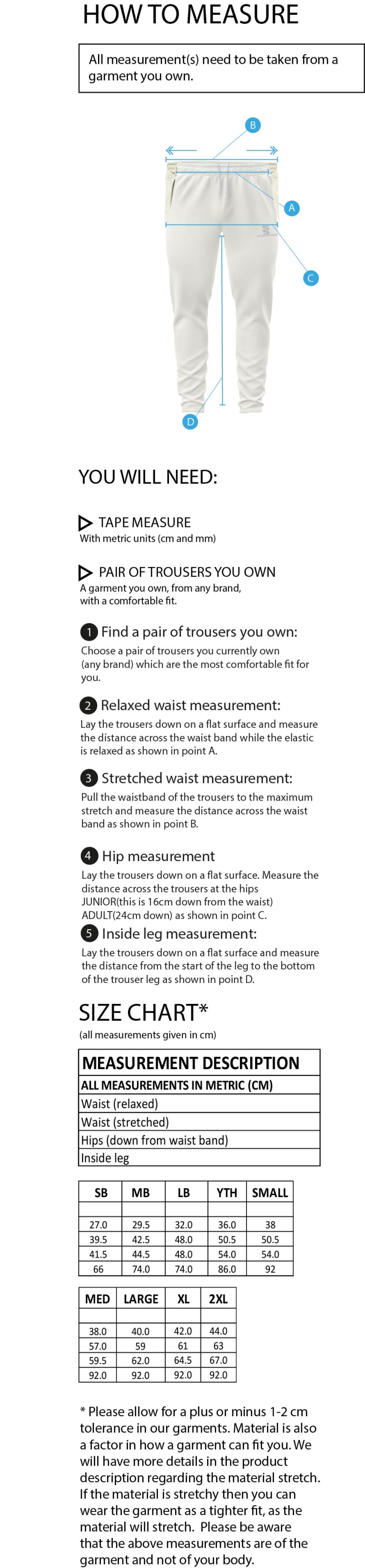 Wirksworth and Middleton CC - Playing Cricket Trousers - Size Guide