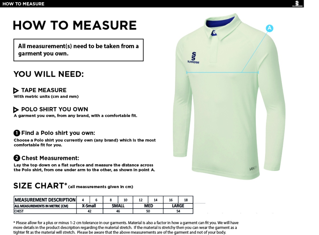 Wirksworth and Middleton CC - Dual Long Sleeve Cricket Shirt - Women's Fit - Size Guide