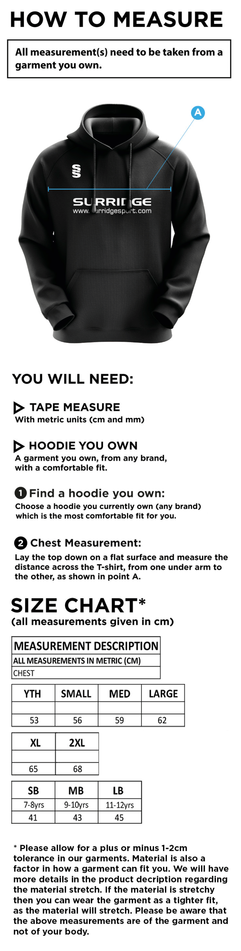 Wirksworth and Middleton CC - Blade Hoody - Size Guide