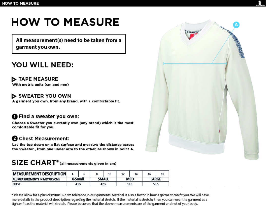 Wirksworth and Middleton CC - Blast Long Sleeve Sweater - Women's Fit - Size Guide