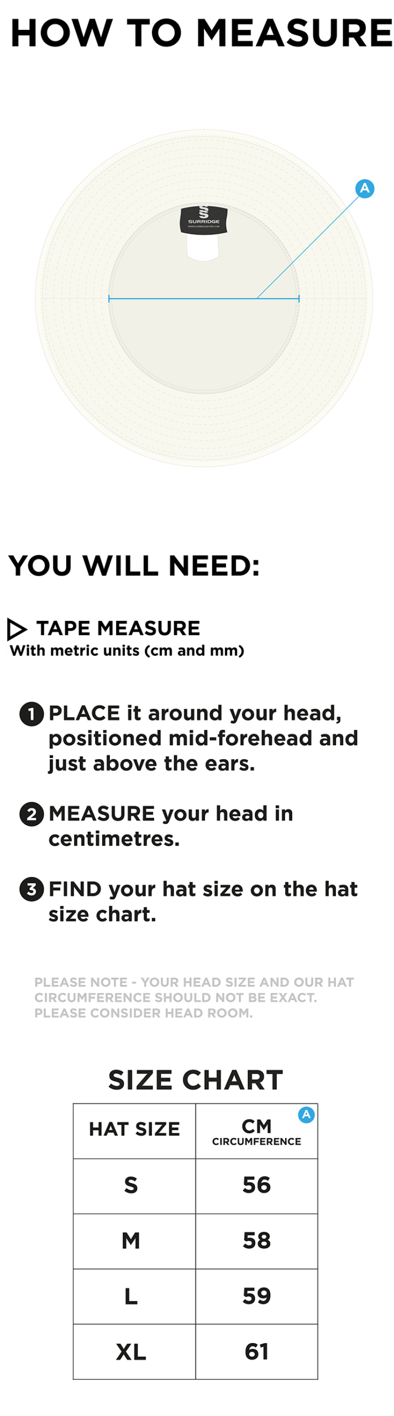 Wirksworth and Middleton Cricket Club Floppy Hat - Size Guide